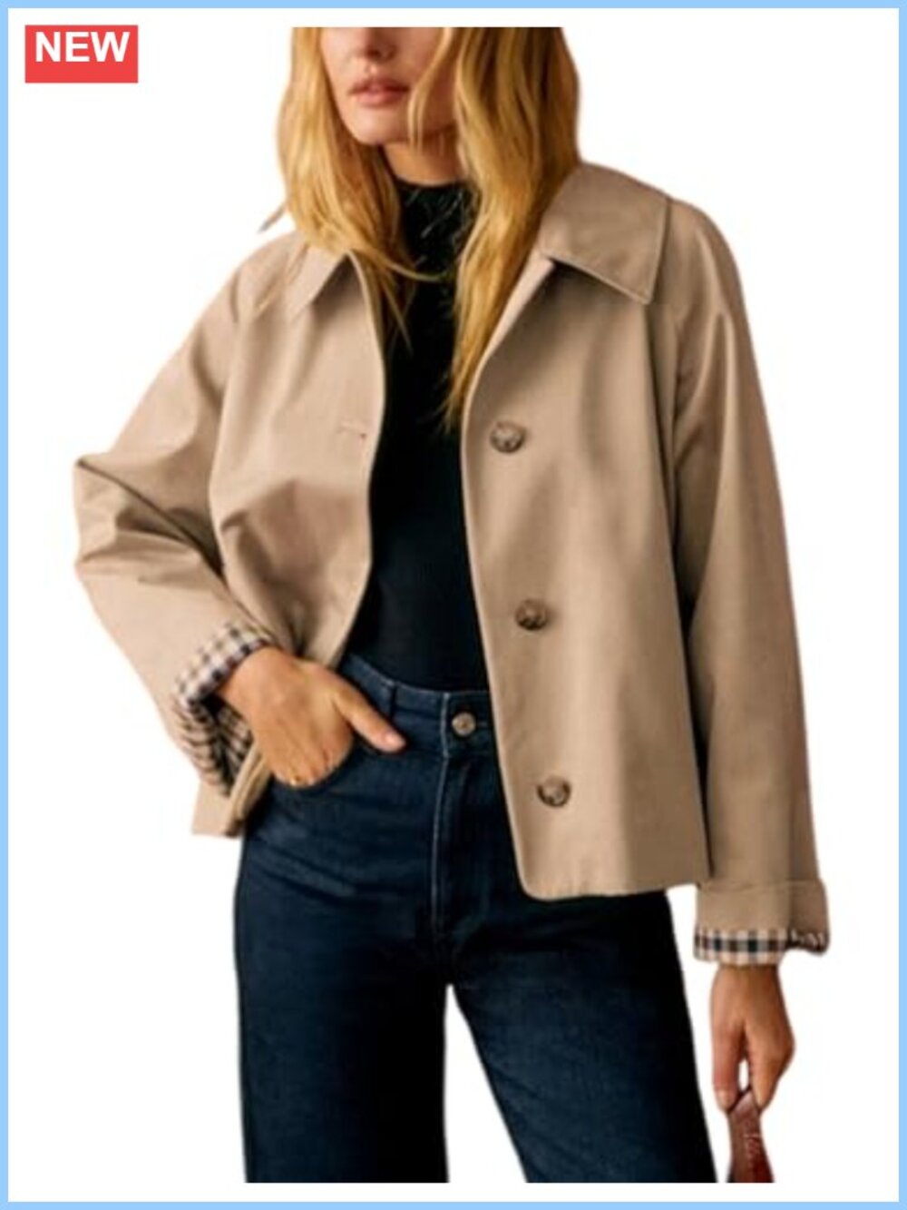 Women's Oversize Trench Coat Plaid Lining Lapel Button Down Casual Jacket with
